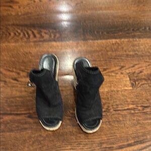 Prada Black Suede Peep-Toe Espadrille Wedge Sandals